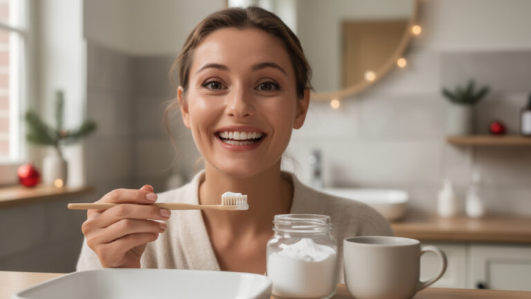 Zuiveringszout en witte tanden: De 1-minuut kerst-glimlach voor de foto.